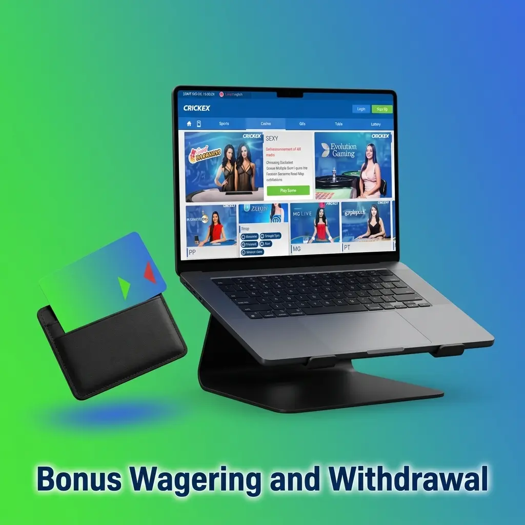 Crickex bonus wagering requirements and withdrawal process showing sports 10x and casino 25x rollover conditions